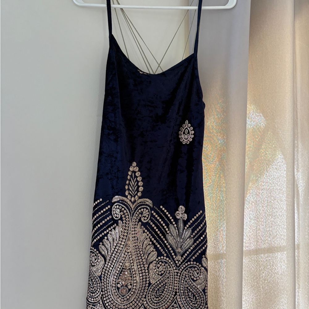 Free People Navy Blue Backless Dress with Embellishments